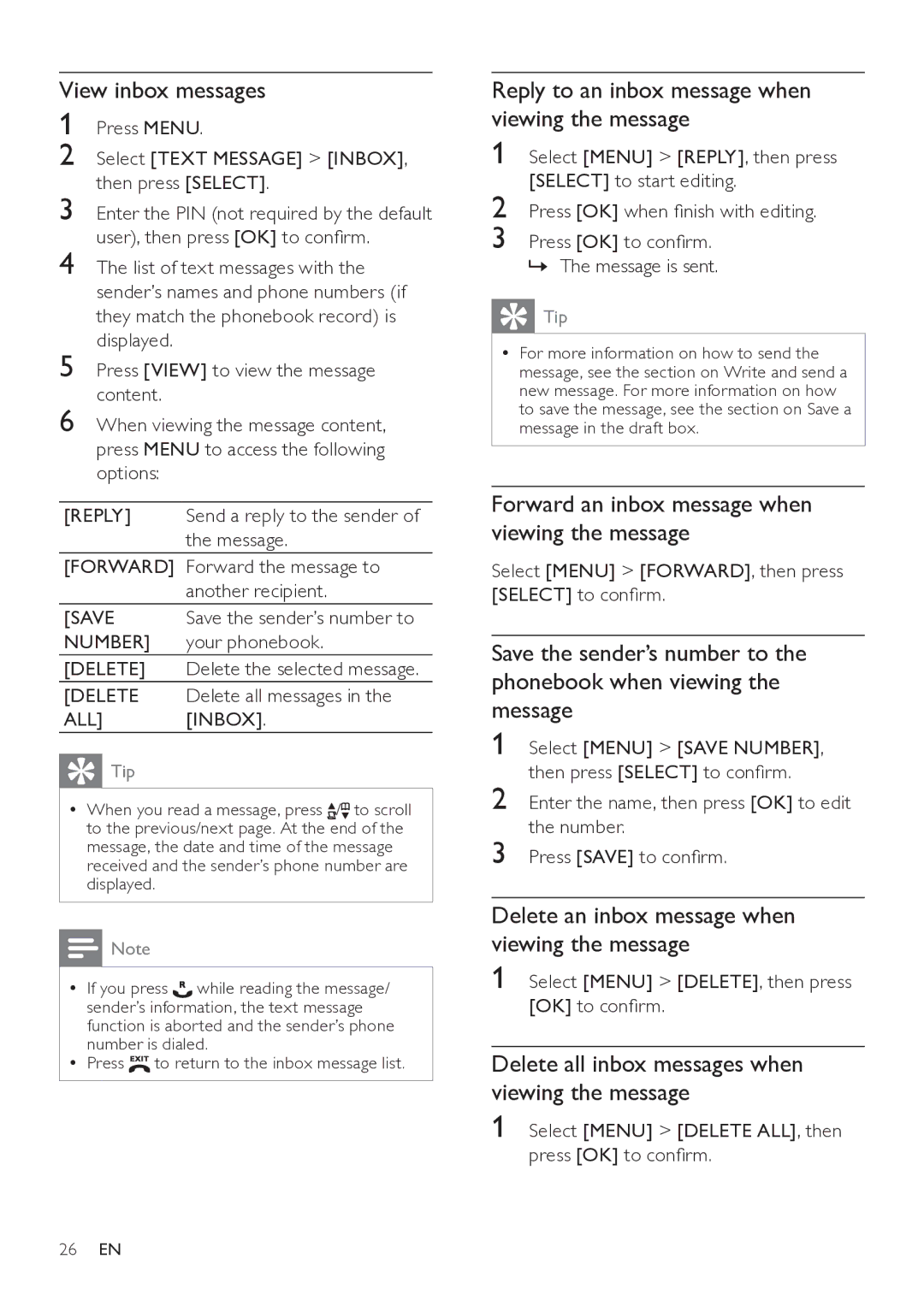 Philips SE765 user manual View inbox messages, Reply to an inbox message when viewing the message 