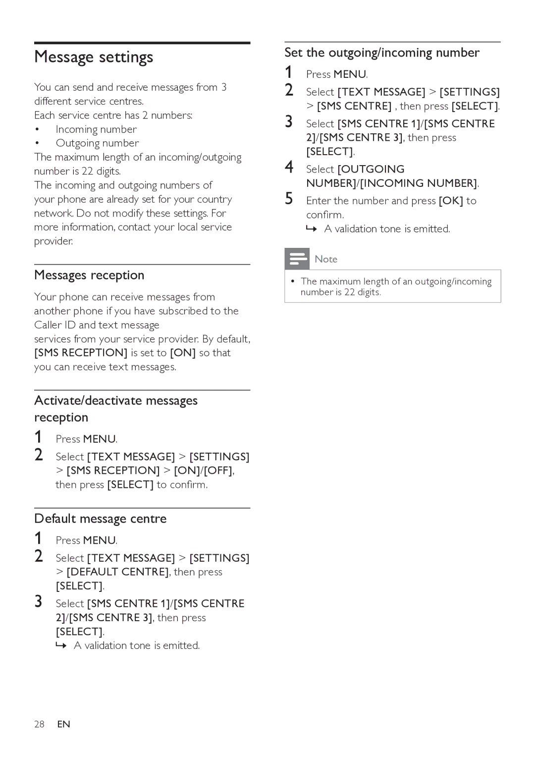 Philips SE765 Message settings, Messages reception, Activate/deactivate messages reception, Default message centre 