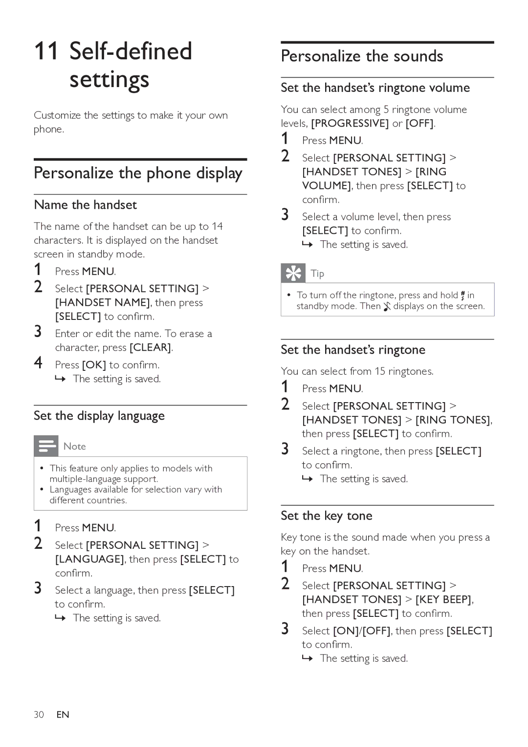 Philips SE765 user manual Personalize the phone display, Personalize the sounds 