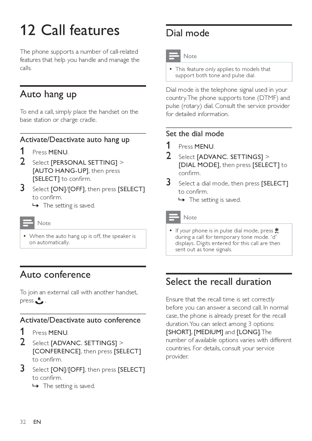 Philips SE765 user manual Call features, Auto hang up, Dial mode, Auto conference, Select the recall duration 