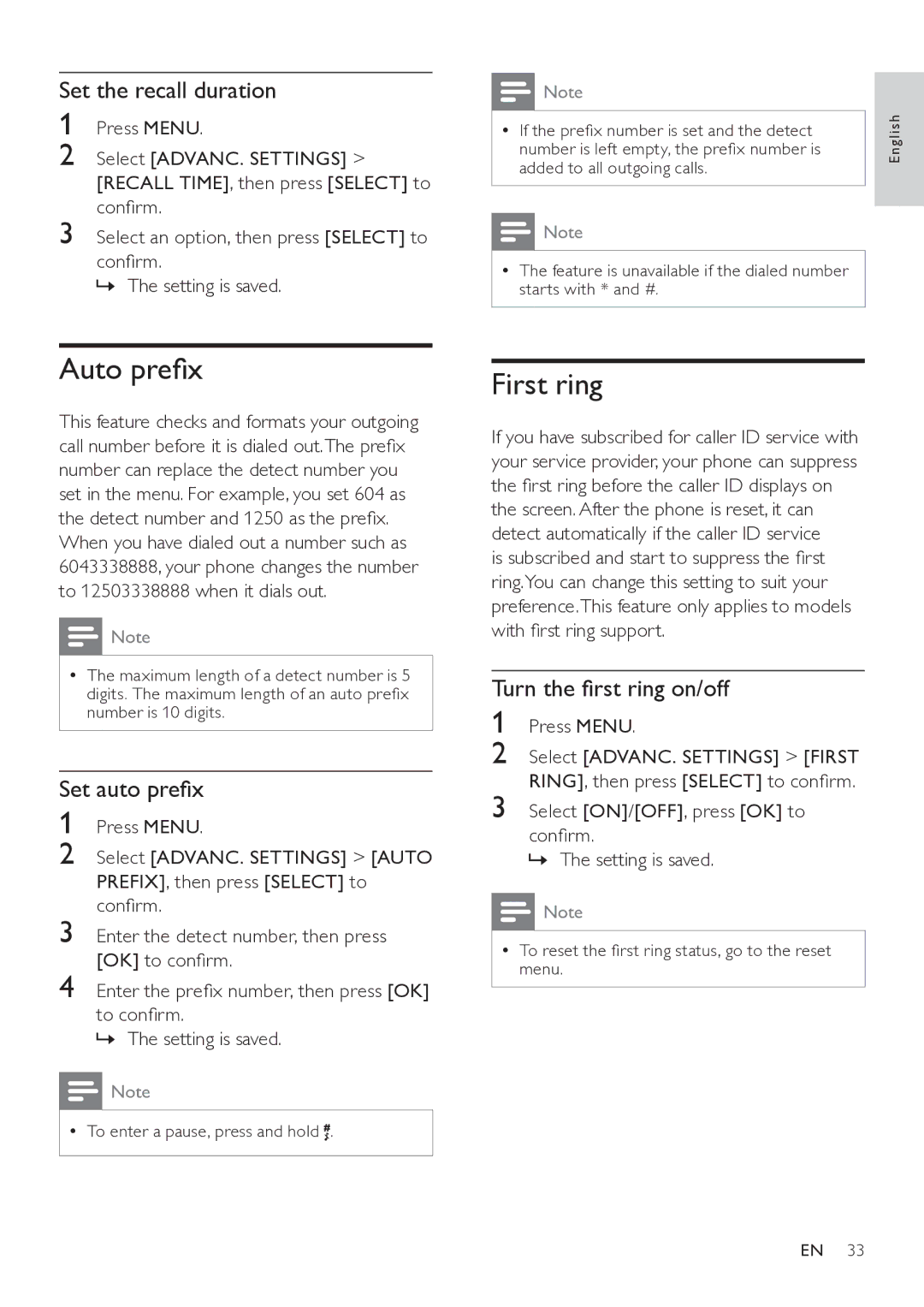 Philips SE765 user manual Auto prefix, First ring, Set the recall duration, Set auto prefix, Turn the first ring on/off 