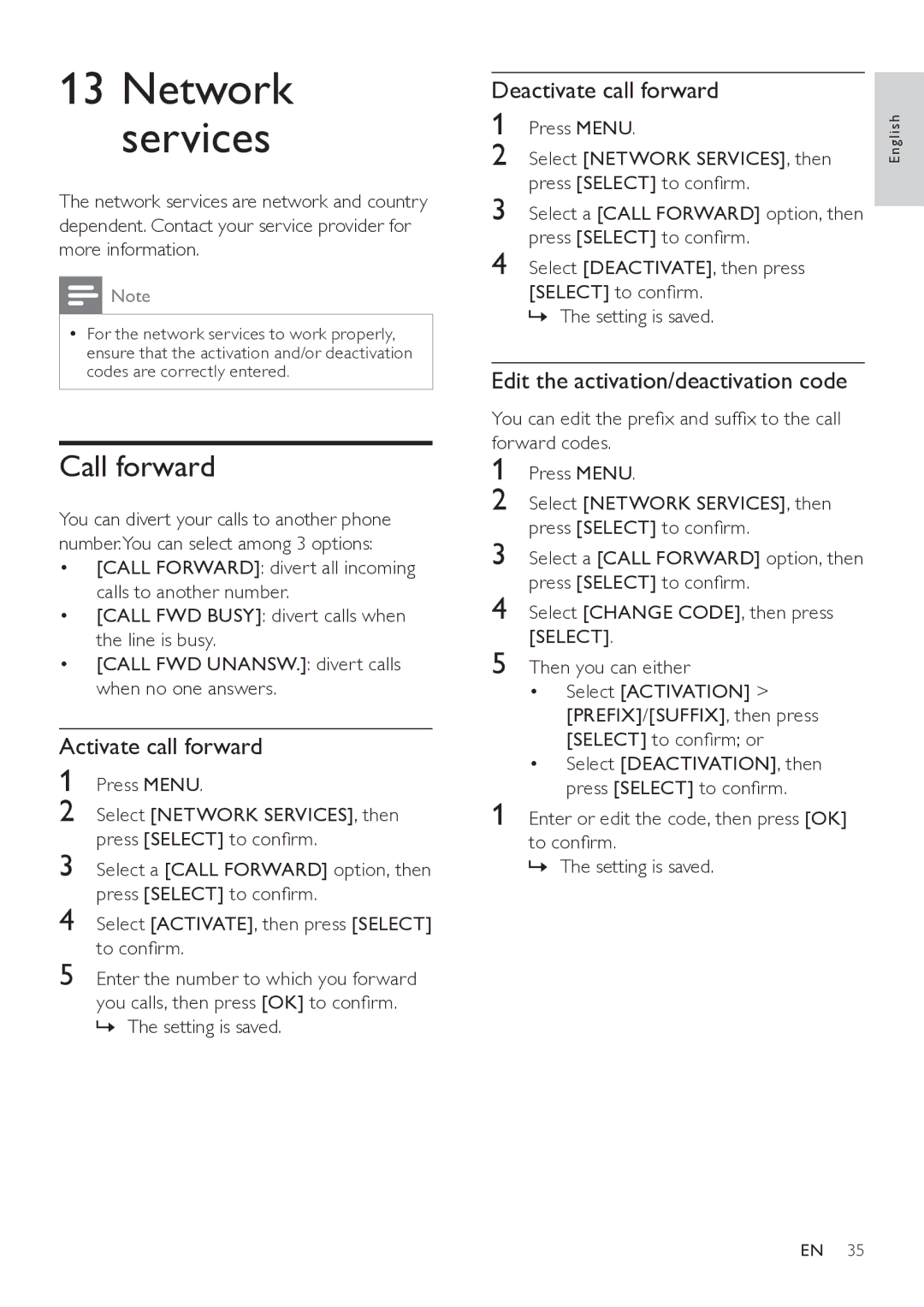 Philips SE765 user manual Network services, Call forward, Activate call forward, Deactivate call forward 