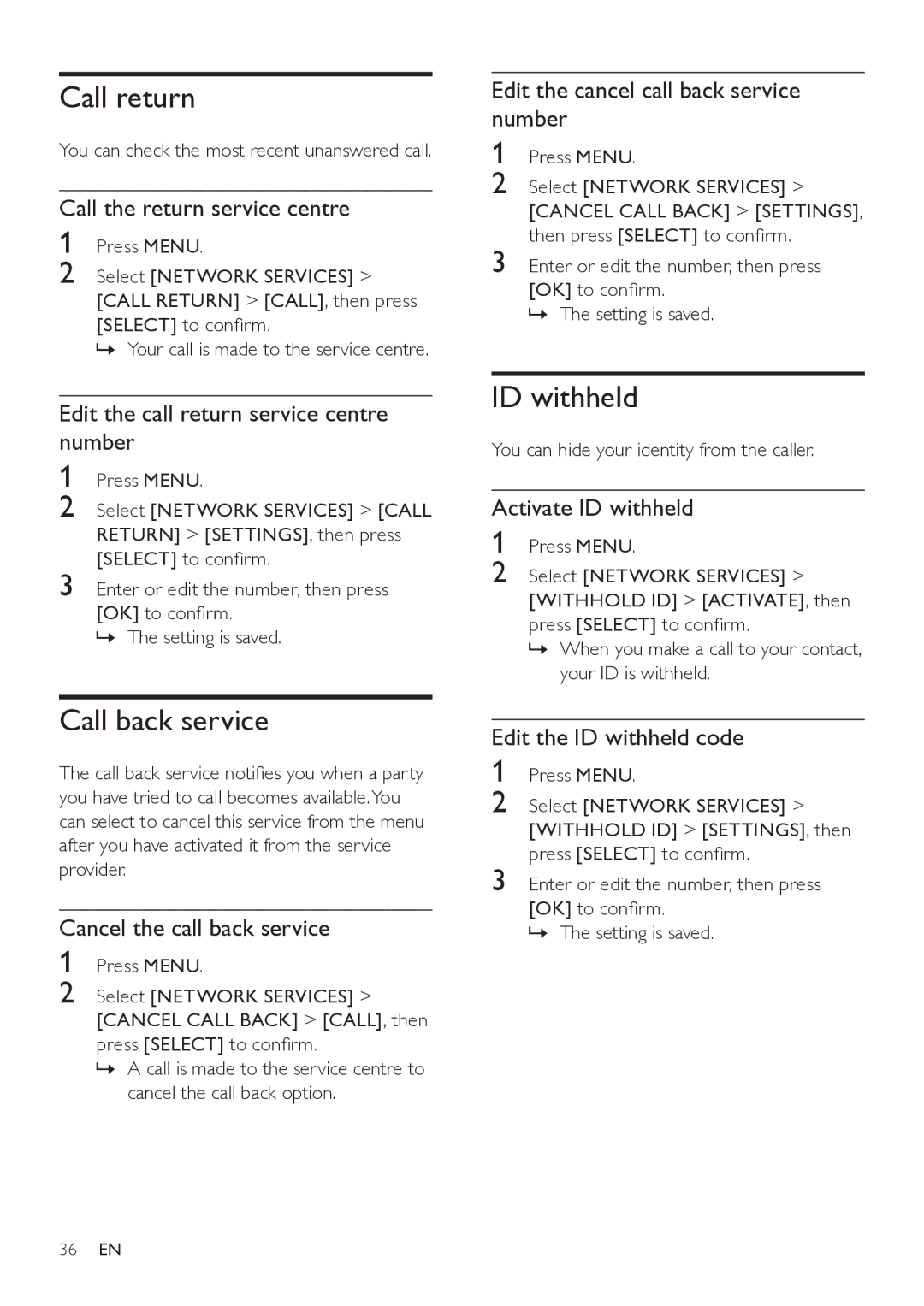 Philips SE765 user manual Call return, Call back service, ID withheld 