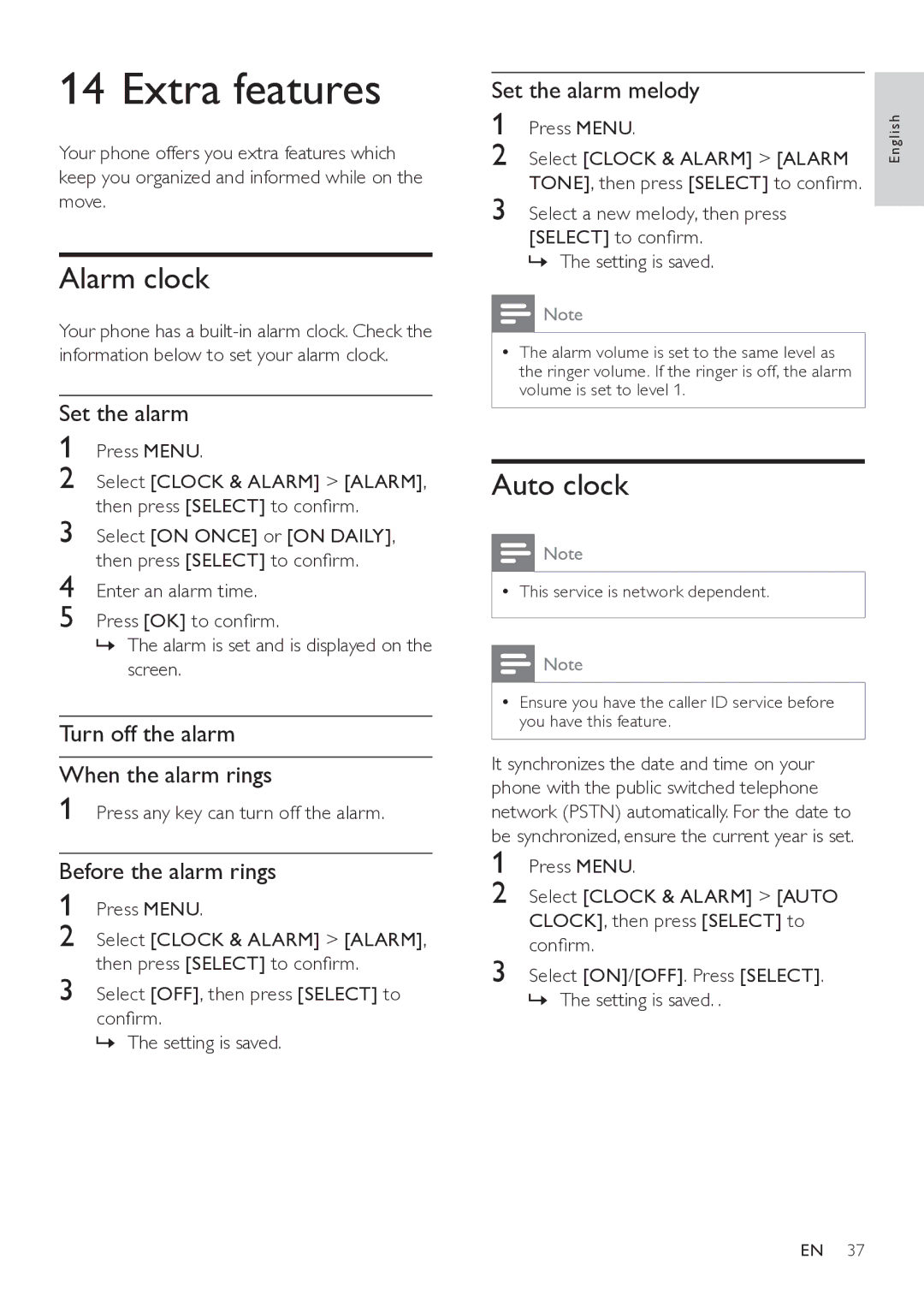 Philips SE765 user manual Extra features, Alarm clock, Auto clock 