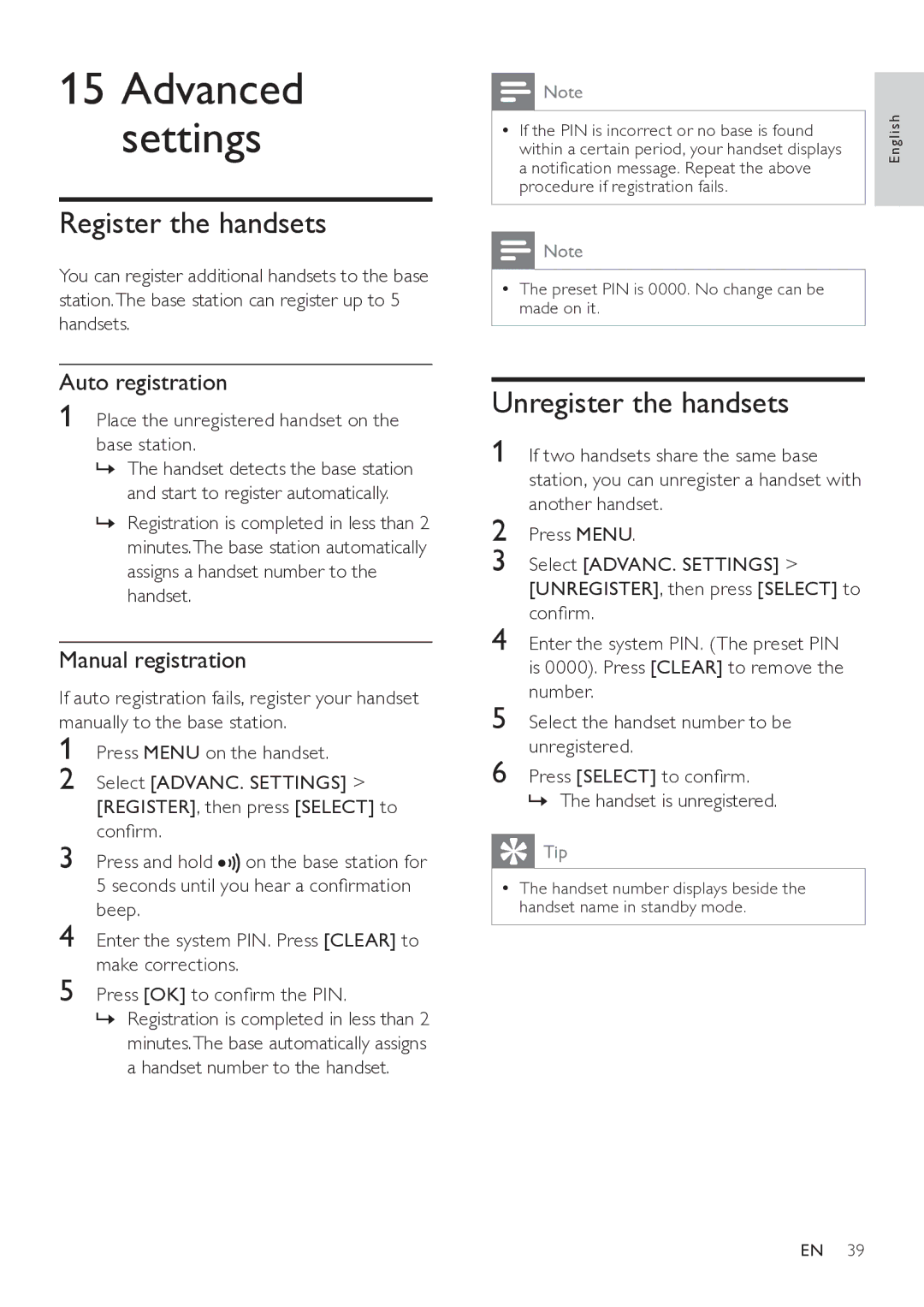 Philips SE765 user manual Register the handsets, Unregister the handsets, Auto registration, Manual registration 