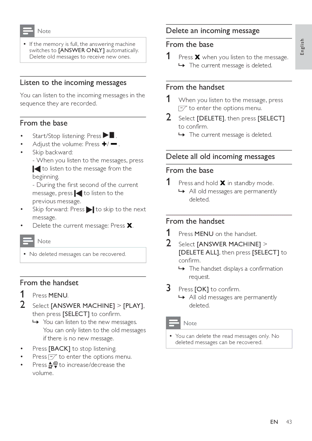 Philips SE765 user manual Listen to the incoming messages, From the handset, Delete an incoming message From the base 