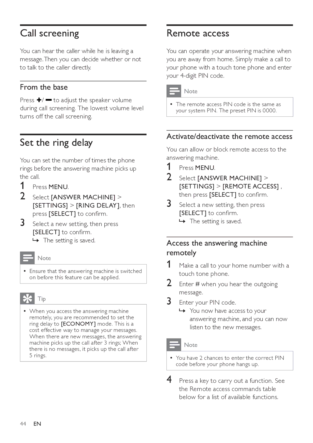 Philips SE765 user manual Call screening, Set the ring delay, Remote access, Activate/deactivate the remote access 