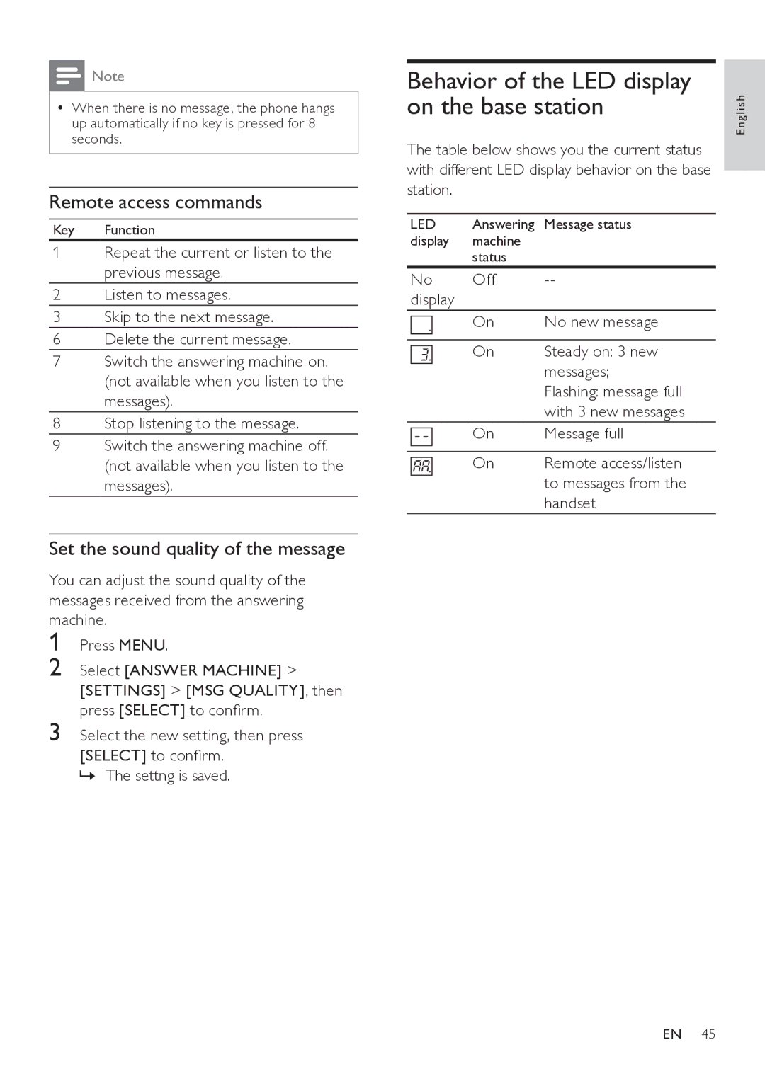 Philips SE765 user manual Remote access commands, Set the sound quality of the message 