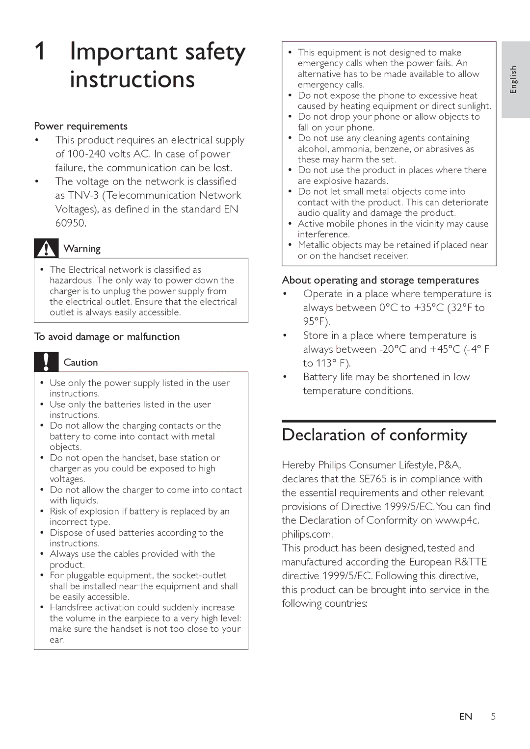 Philips SE765 user manual Declaration of conformity, Power requirements, Voltages, as defined in the standard EN 60950 