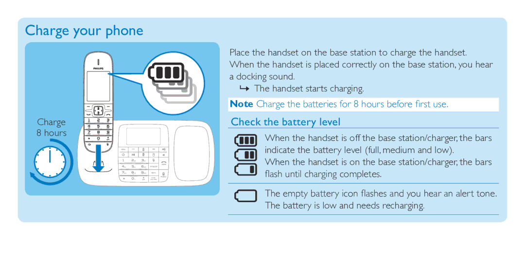 Philips SE888 quick start Charge your phone, Check the battery level 