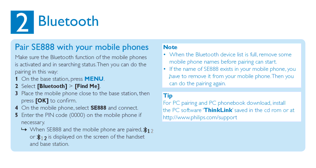 Philips quick start Bluetooth, Pair SE888 with your mobile phones 