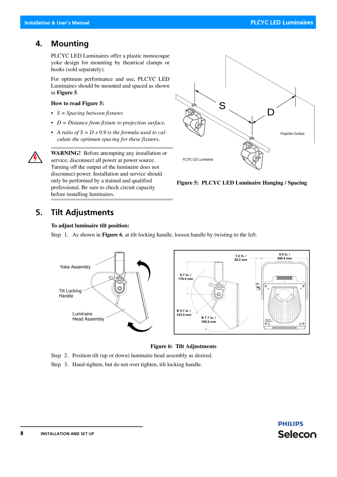 Philips Selecon manual Mounting, Tilt Adjustments, How to read Figure, To adjust luminaire tilt position 