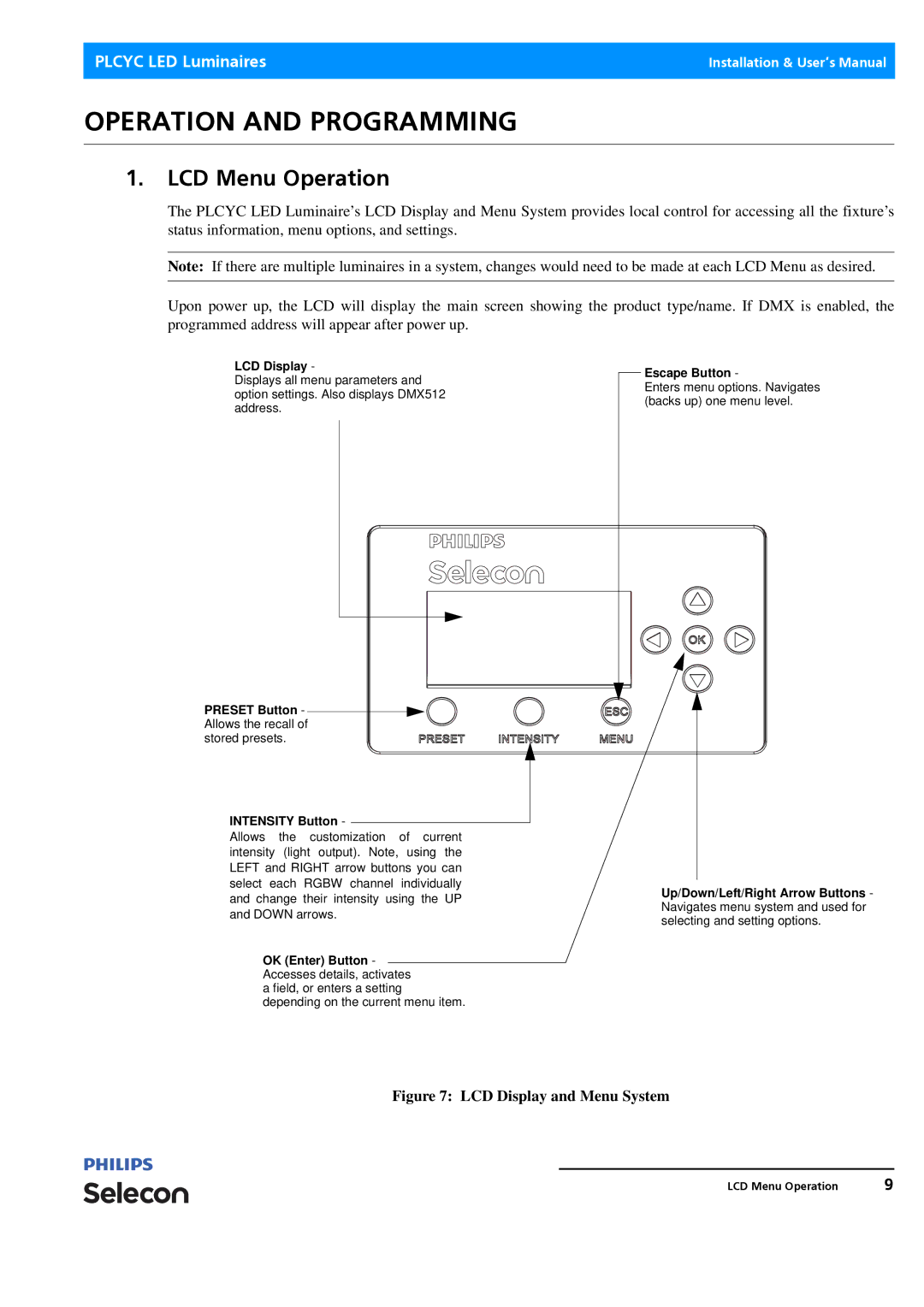 Philips Selecon manual Operation and Programming, LCD Menu Operation 