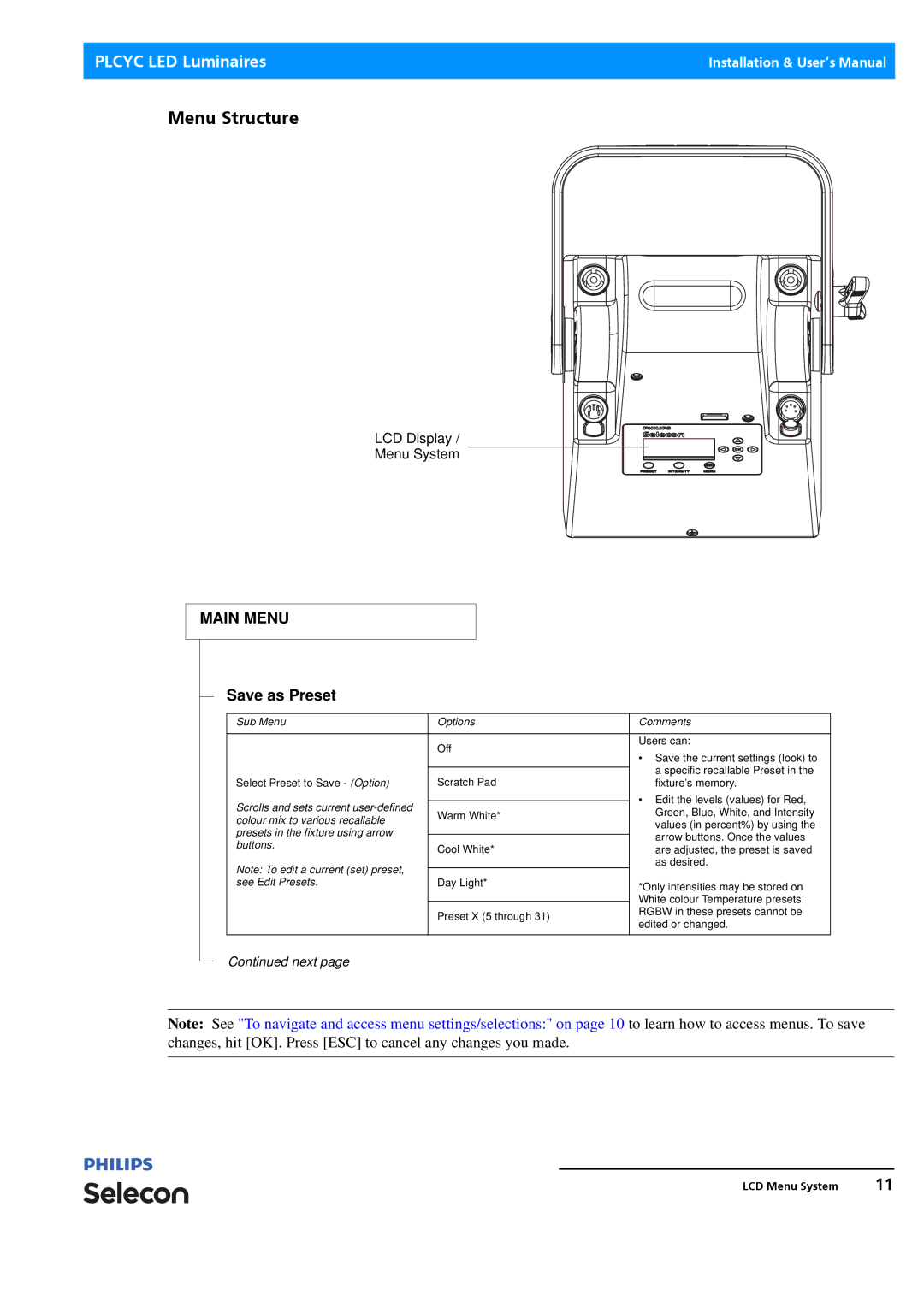 Philips Selecon manual Menu Structure, Save as Preset 