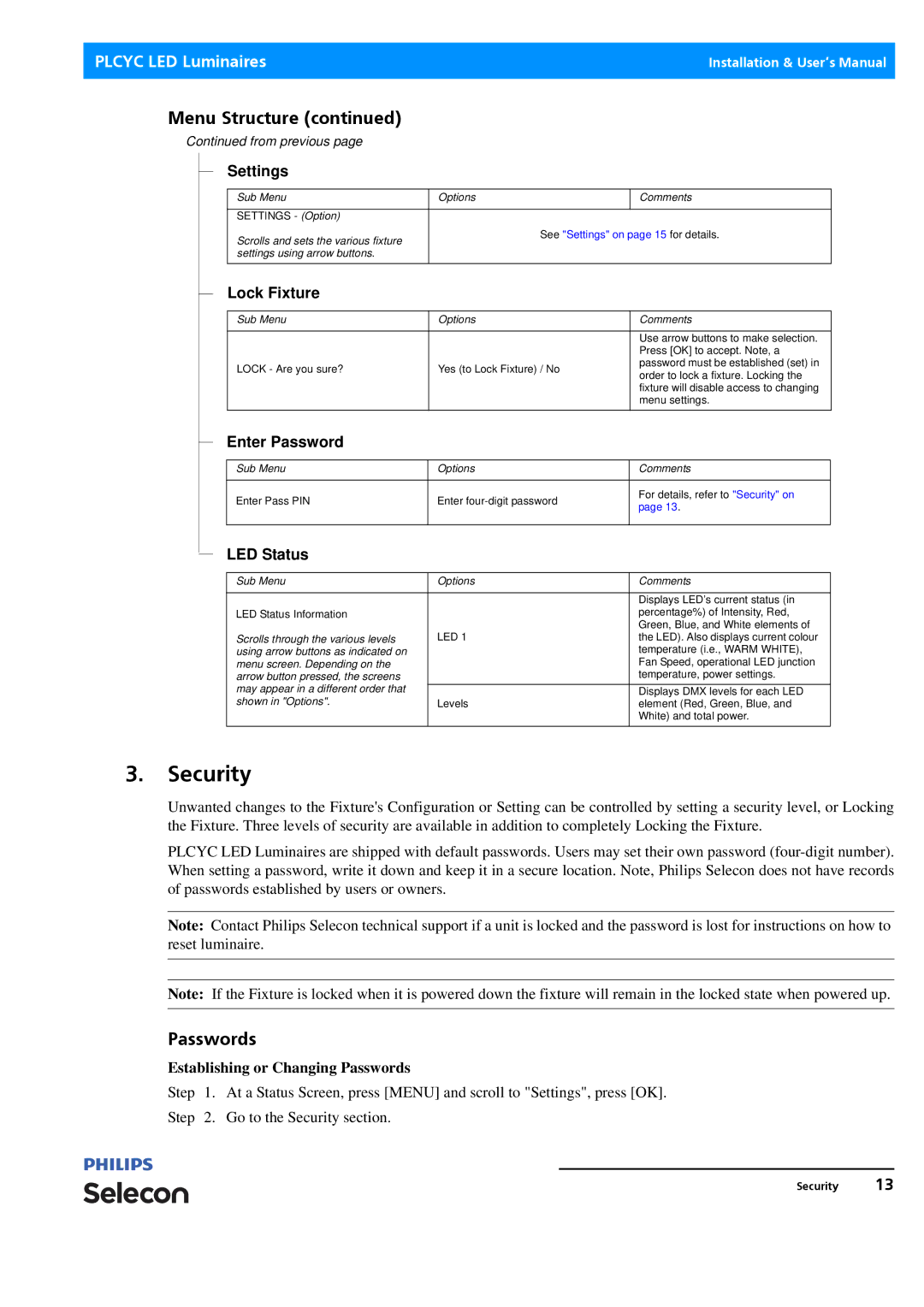 Philips Selecon manual Security, Passwords 