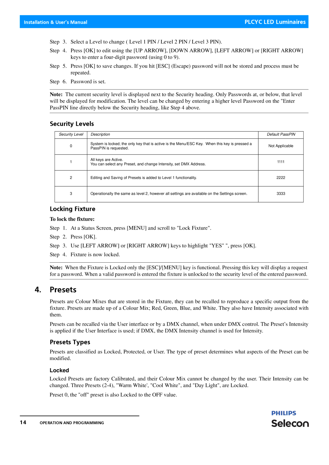 Philips Selecon manual Security Levels, Locking Fixture, Presets Types, Locked 