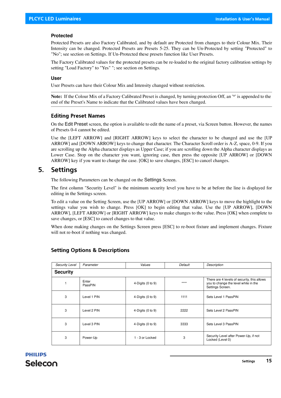 Philips Selecon manual Settings, Editing Preset Names, Setting Options & Descriptions, Protected, User 