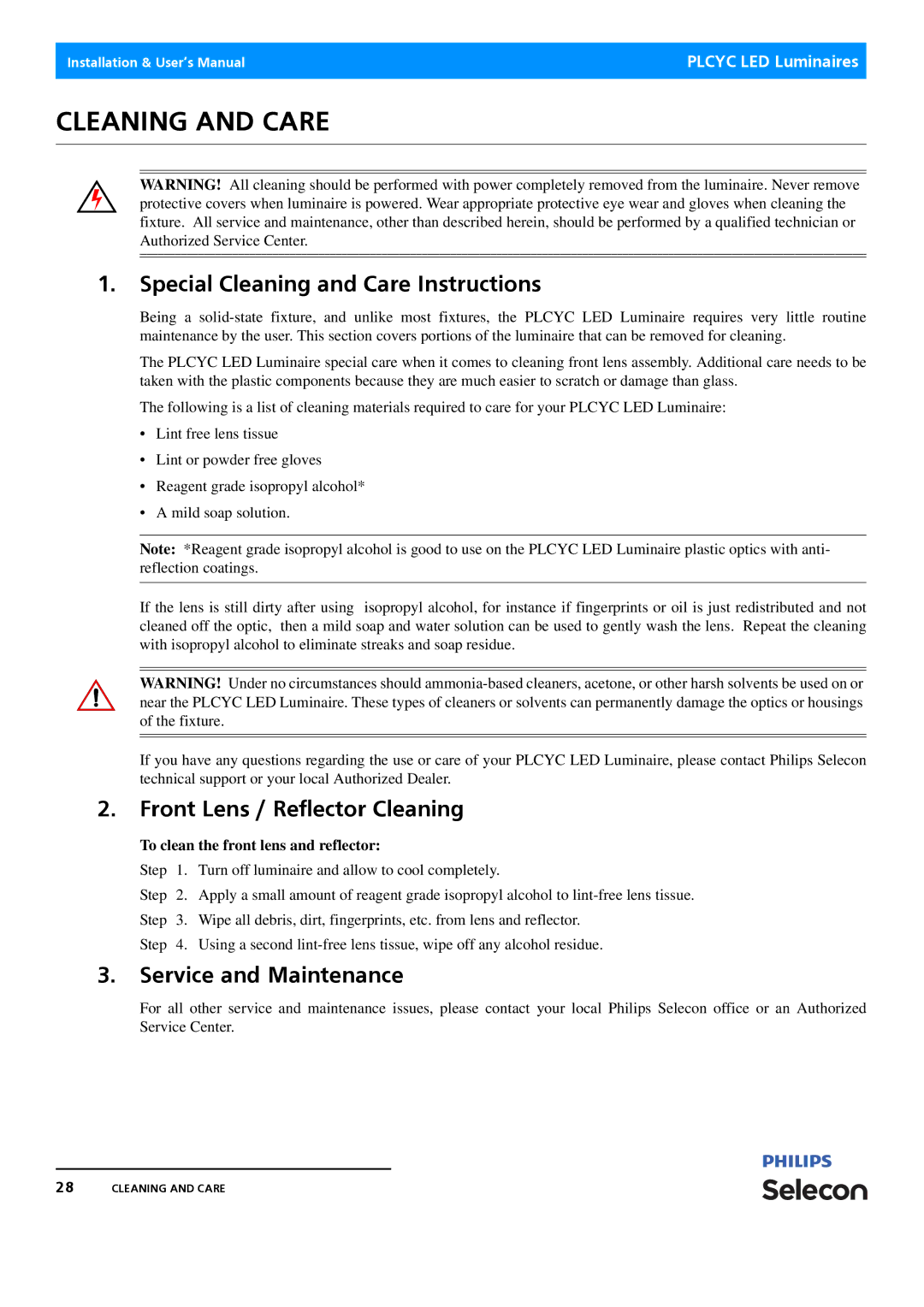 Philips Selecon manual Special Cleaning and Care Instructions, Front Lens / Reflector Cleaning, Service and Maintenance 