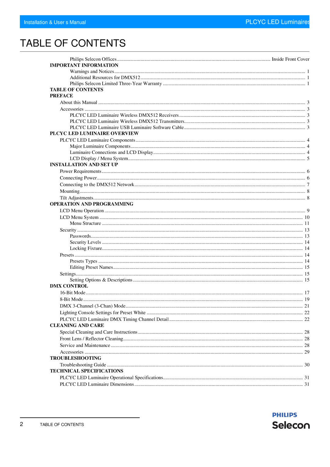 Philips Selecon manual Table of Contents 