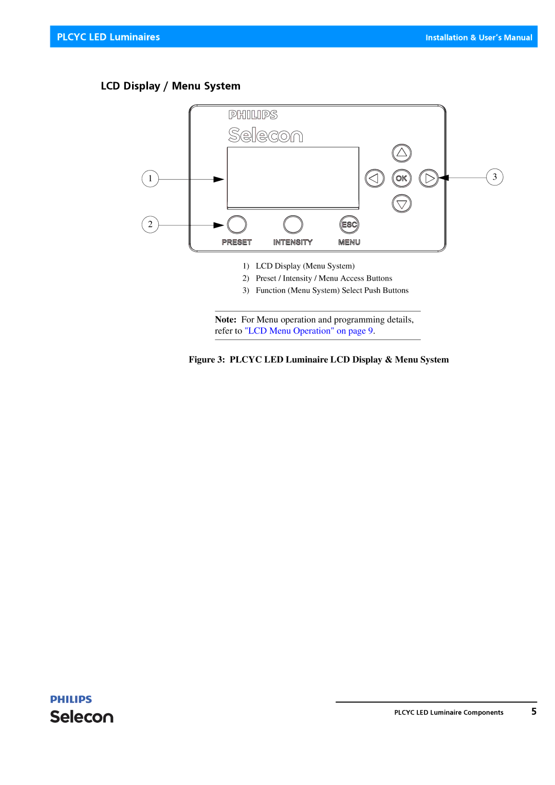 Philips Selecon manual LCD Display / Menu System, Plcyc LED Luminaire LCD Display & Menu System 