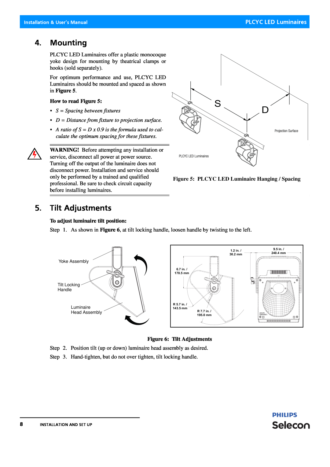 Philips Selecon manual Mounting, Tilt Adjustments, How to read Figure, •S = Spacing between fixtures, PLCYC LED Luminaires 