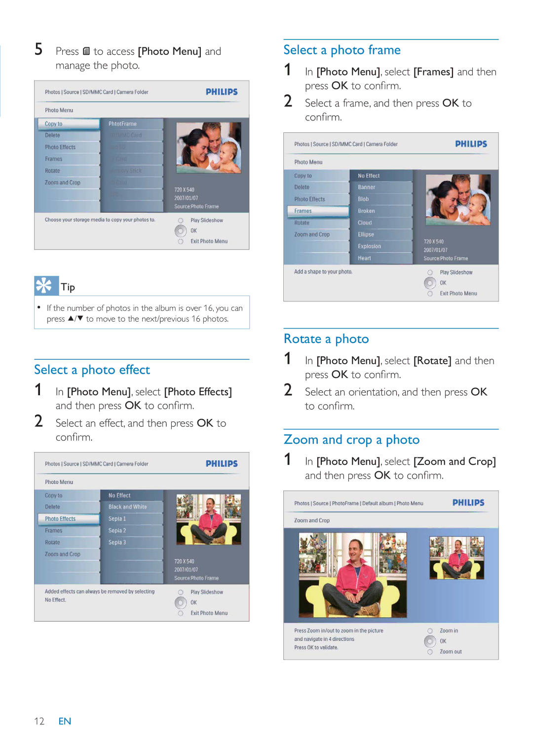 Philips SFP2007 user manual Select a photo effect, Select a photo frame, Rotate a photo, Zoom and crop a photo 