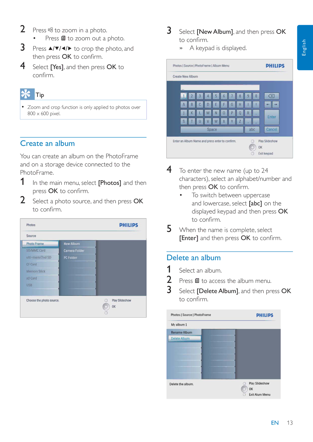 Philips SFP2007 user manual Create an album, Delete an album 