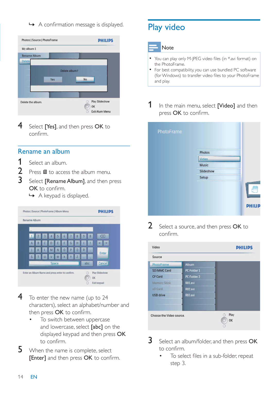 Philips SFP2007 user manual Play video, Rename an album 