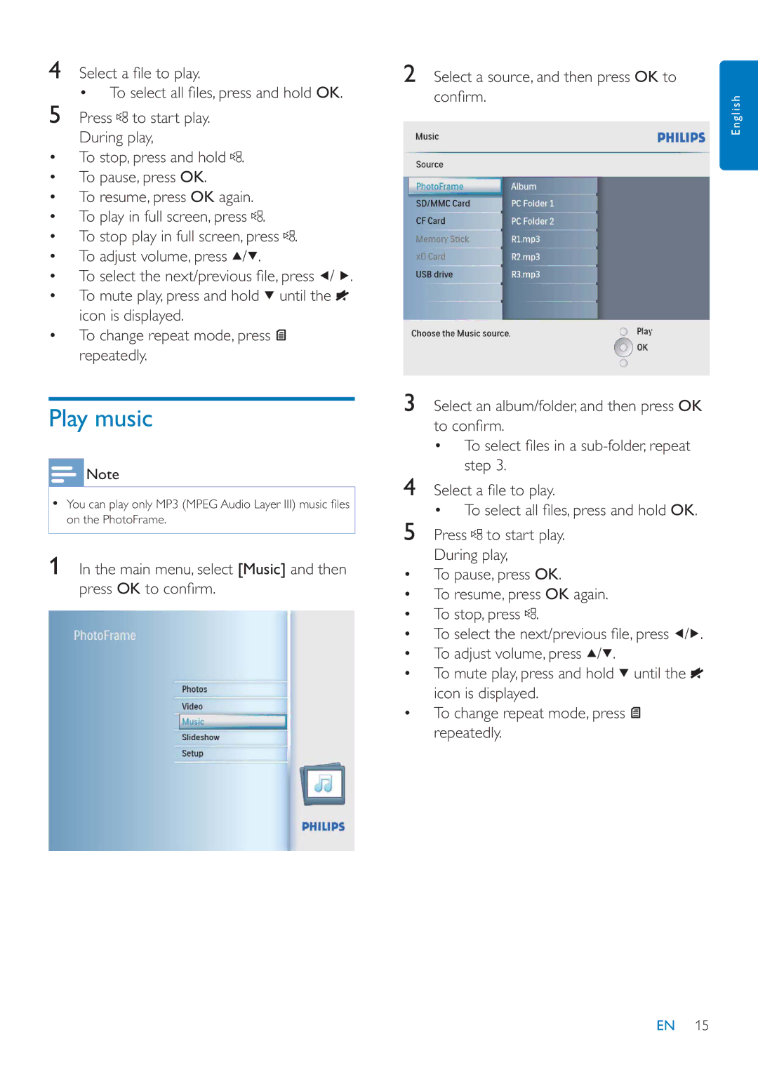 Philips SFP2007 user manual Play music 