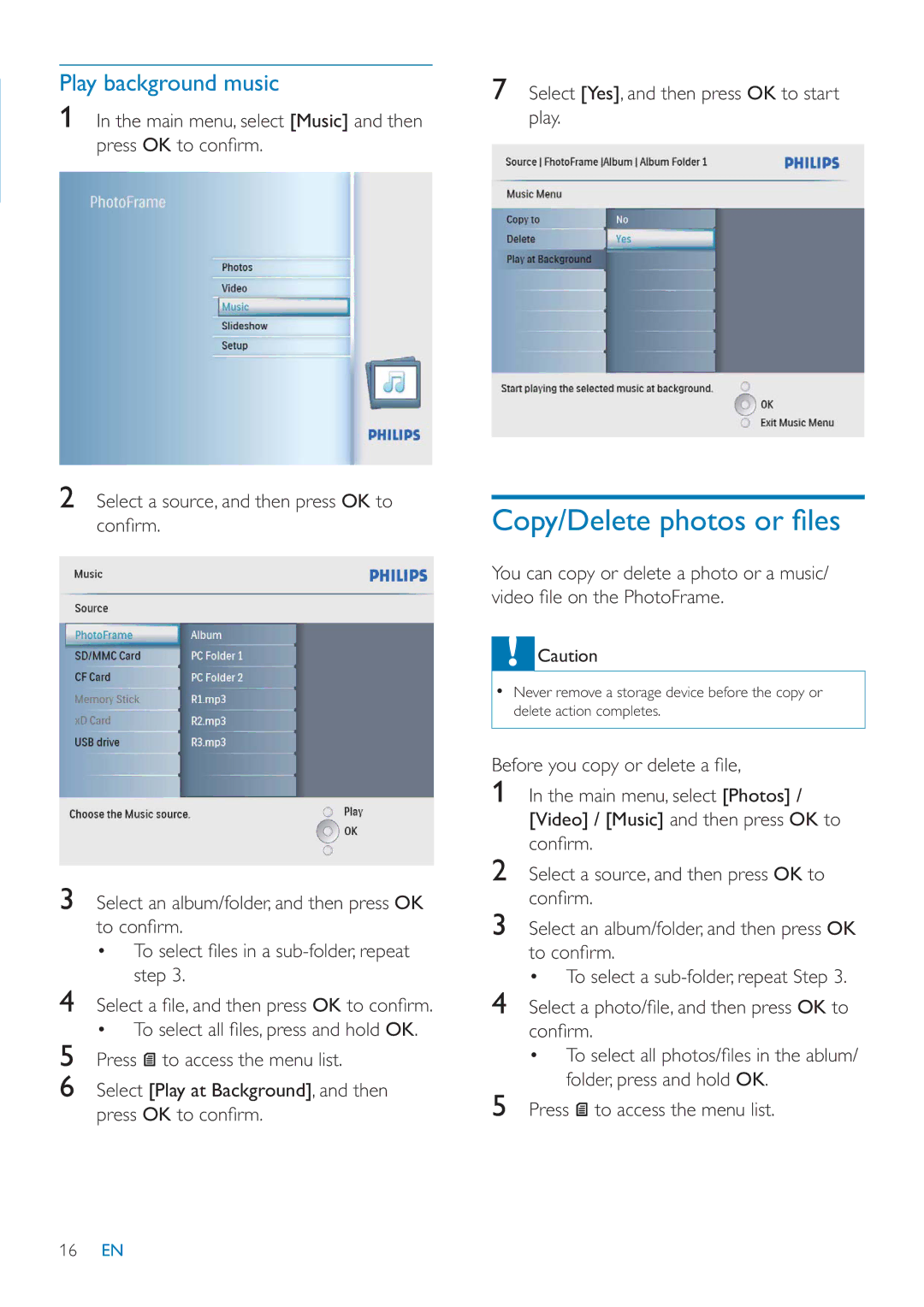 Philips SFP2007 user manual Copy/Delete photos or ﬁ les, Play background music 