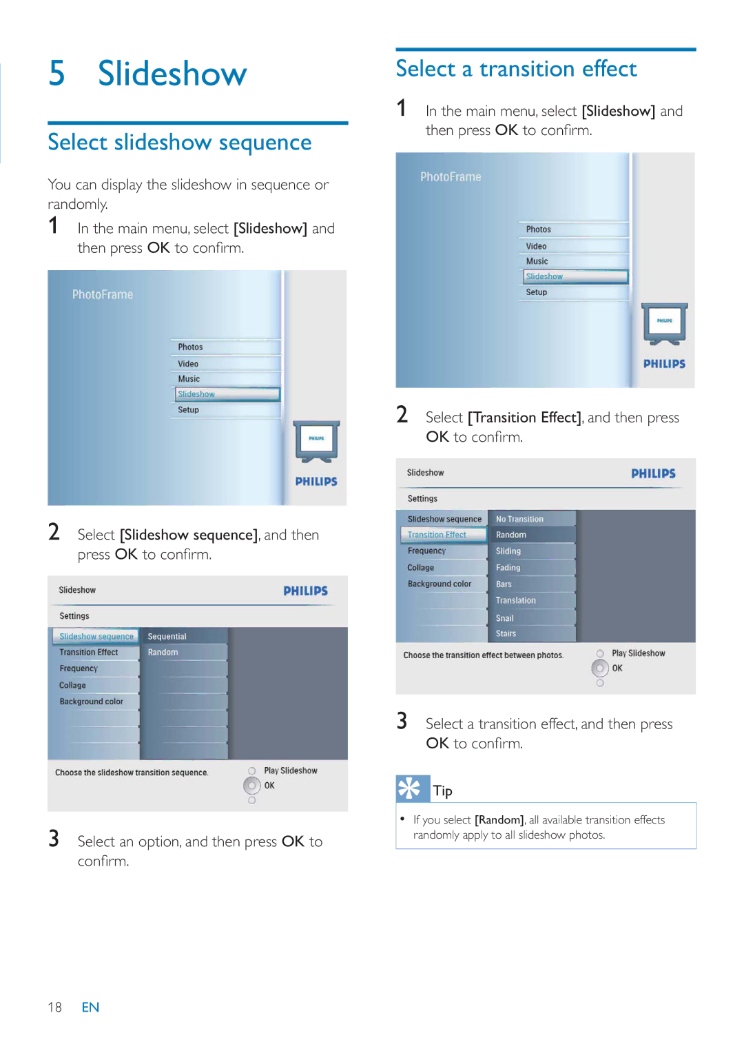 Philips SFP2007 user manual Select slideshow sequence, Select a transition effect 