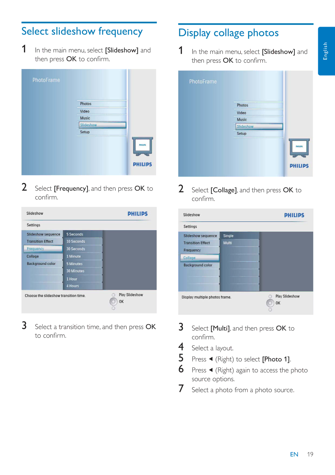 Philips SFP2007 user manual Select slideshow frequency, Display collage photos 