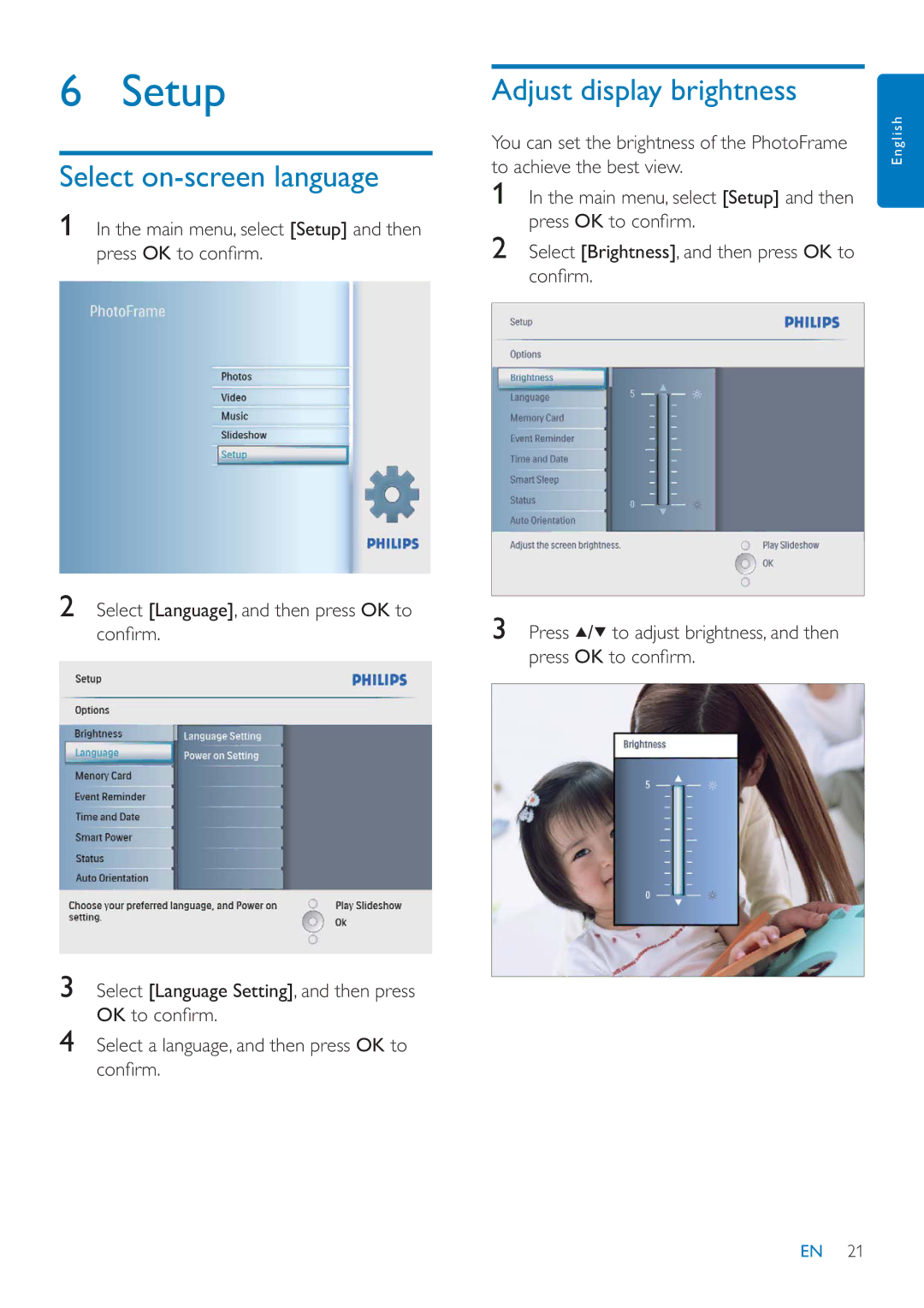 Philips SFP2007 user manual Select on-screen language, Adjust display brightness 