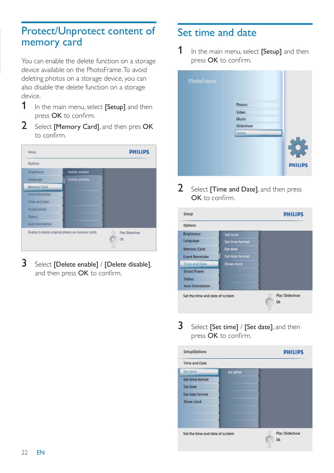 Philips SFP2007 user manual Protect/Unprotect content of memory card, Set time and date 