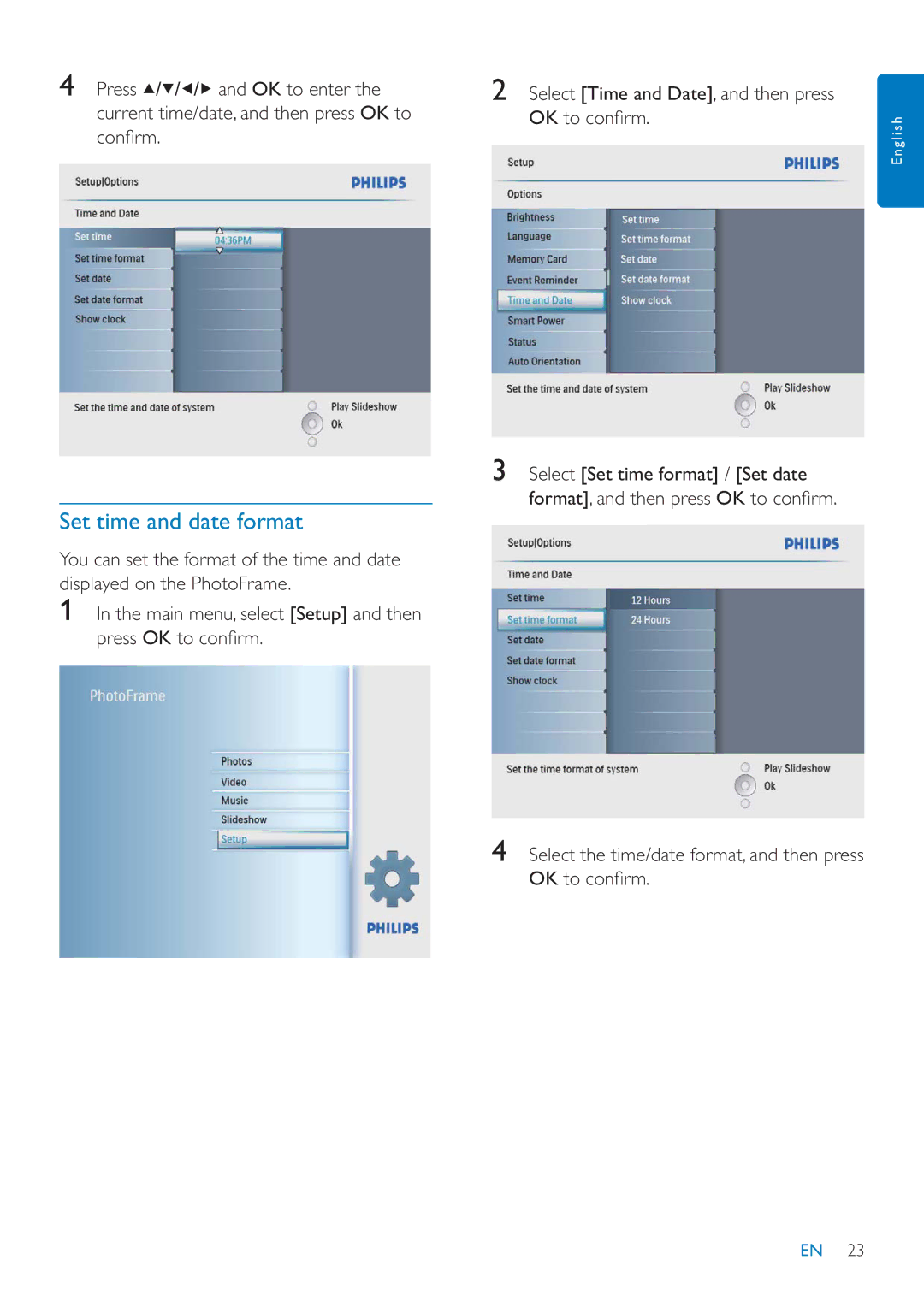 Philips SFP2007 user manual Set time and date format 