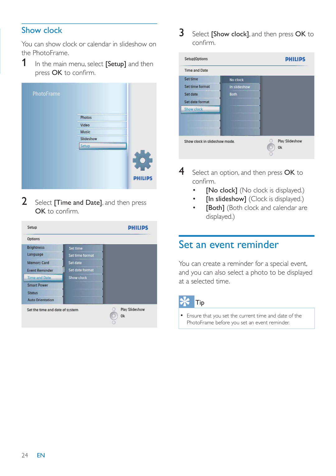 Philips SFP2007 user manual Set an event reminder, Show clock 