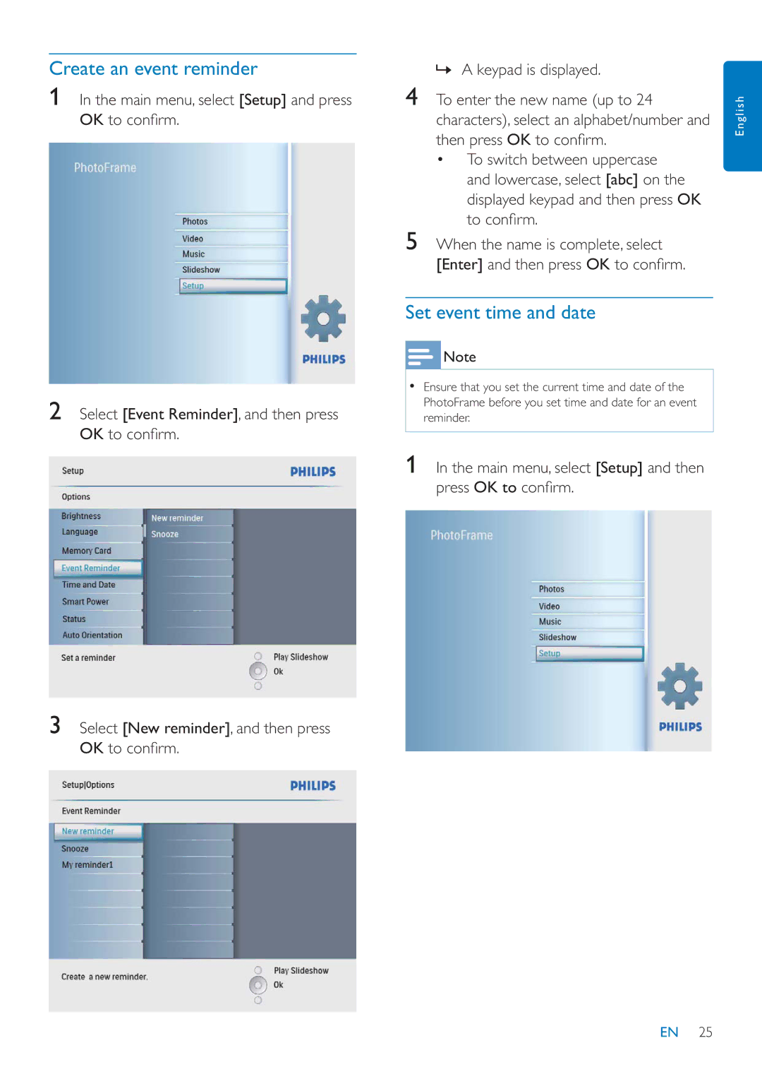 Philips SFP2007 user manual Create an event reminder, Set event time and date 