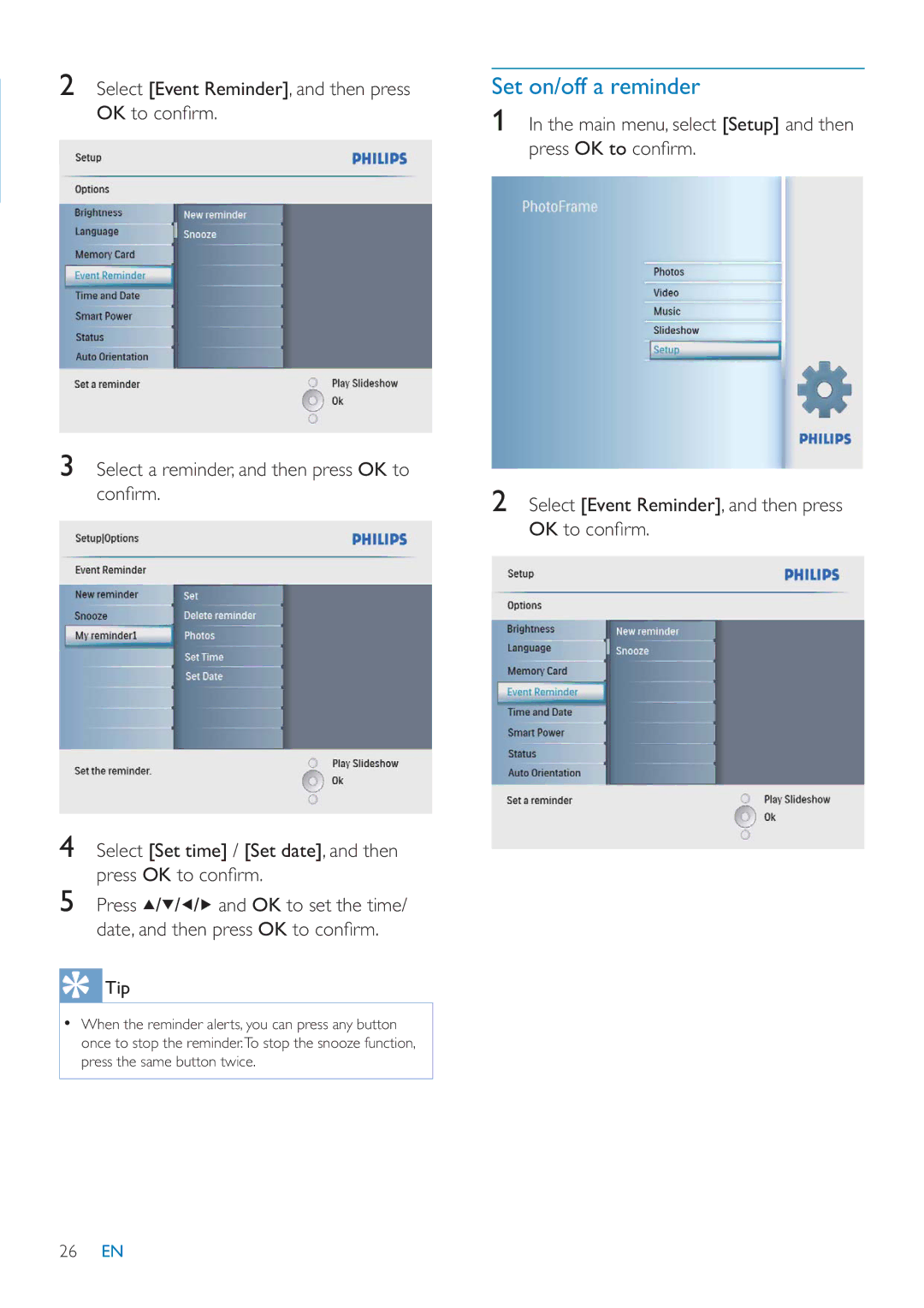 Philips SFP2007 user manual Set on/off a reminder 