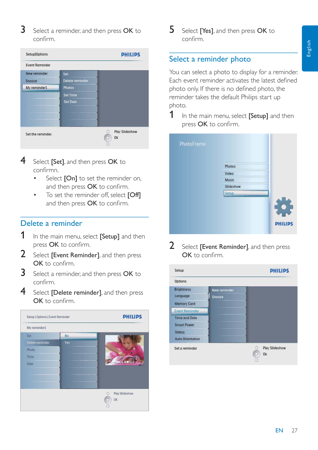 Philips SFP2007 user manual Delete a reminder, Select a reminder photo 