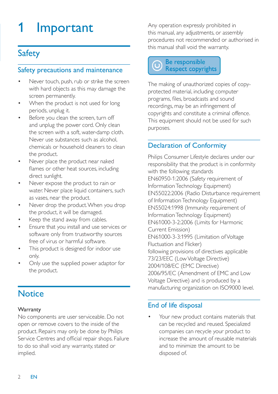 Philips SFP2007 user manual Safety precautions and maintenance, Declaration of Conformity, End of life disposal 