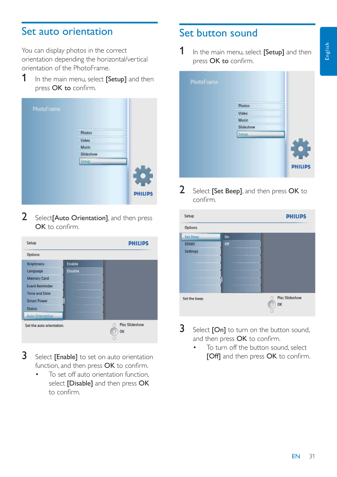 Philips SFP2007 user manual Set auto orientation, Set button sound 