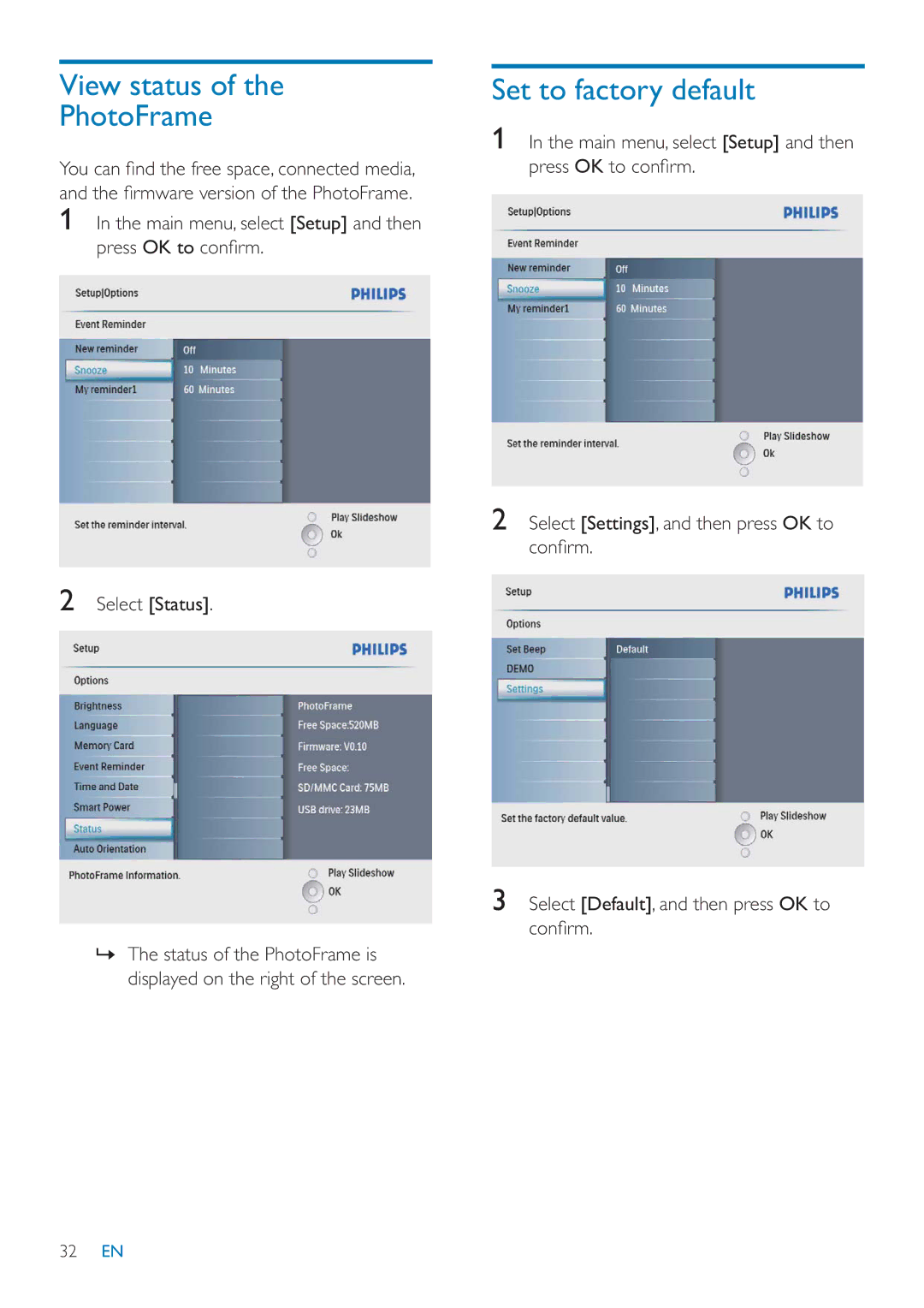 Philips SFP2007 user manual View status PhotoFrame, Set to factory default 