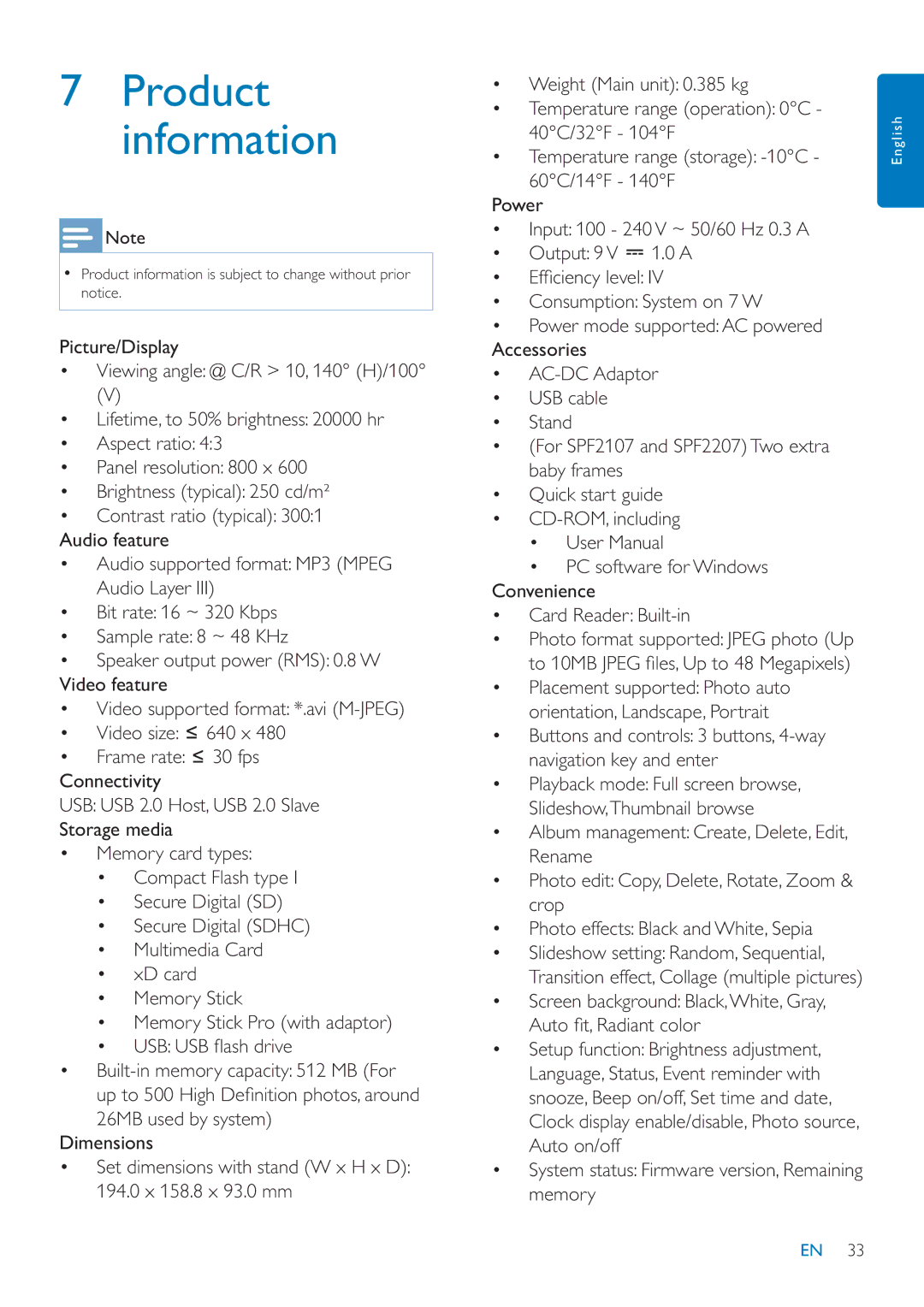 Philips SFP2007 user manual Product information 