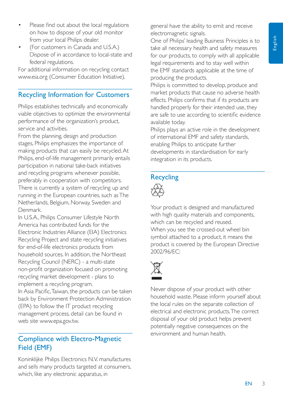 Philips SFP2007 user manual Recycling Information for Customers, Compliance with Electro-Magnetic Field EMF 