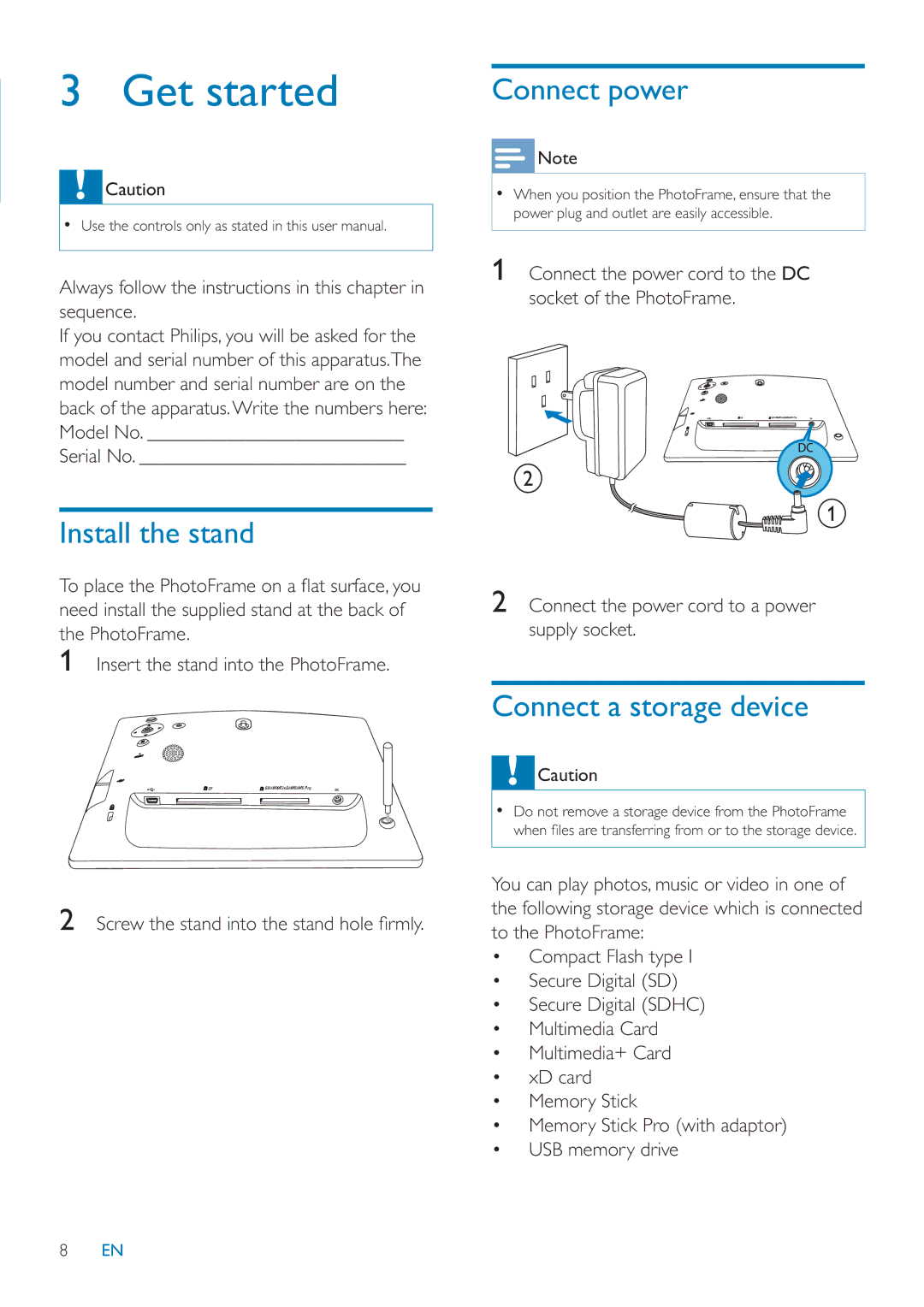 Philips SFP2007 user manual Install the stand, Connect power, Connect a storage device 