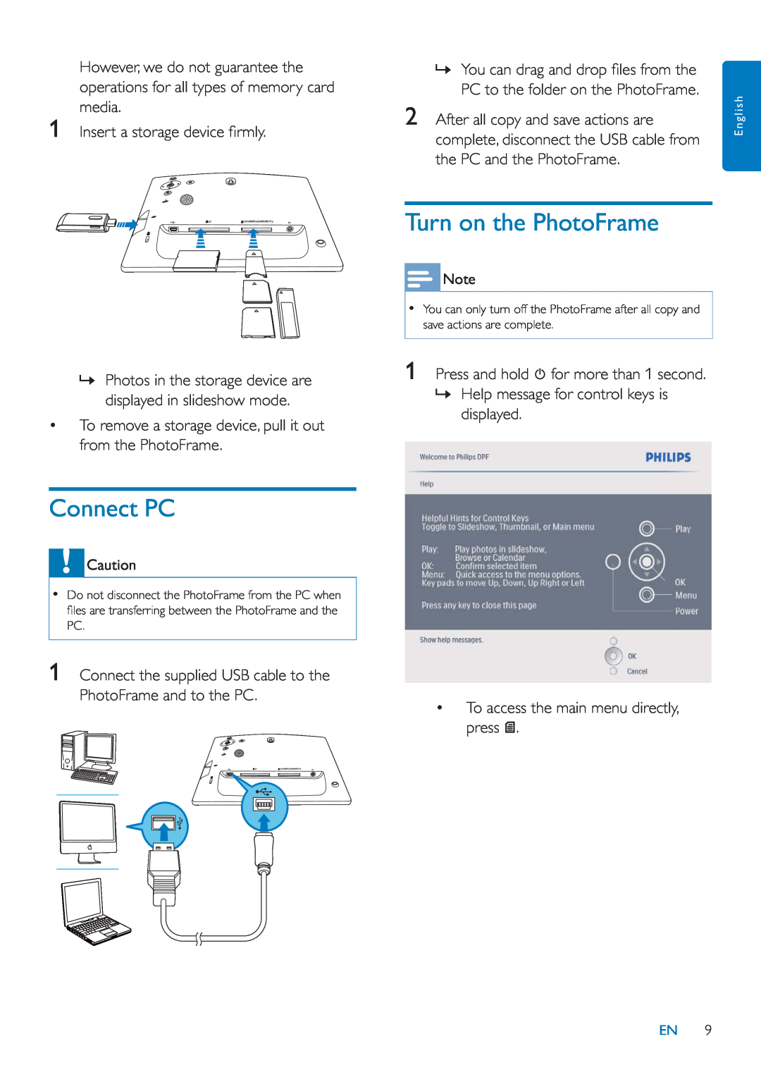 Philips SFP2007 user manual Connect PC, Turn on the PhotoFrame 