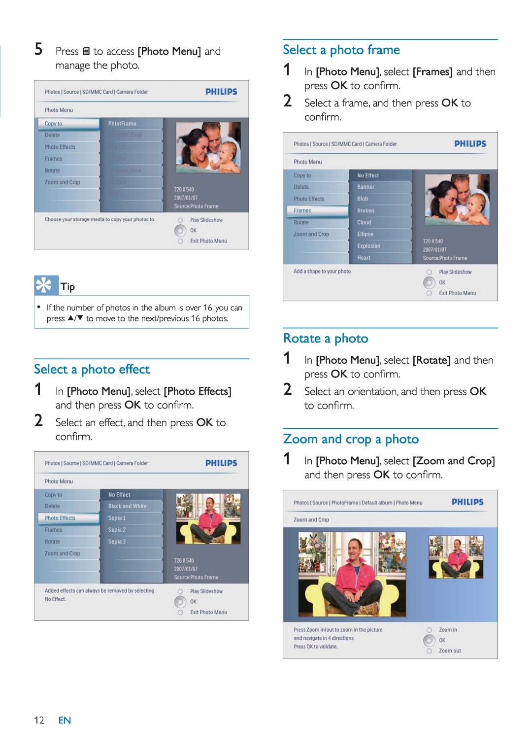 Philips SFP2007 user manual Select a photo effect, Select a photo frame, Rotate a photo, Zoom and crop a photo 