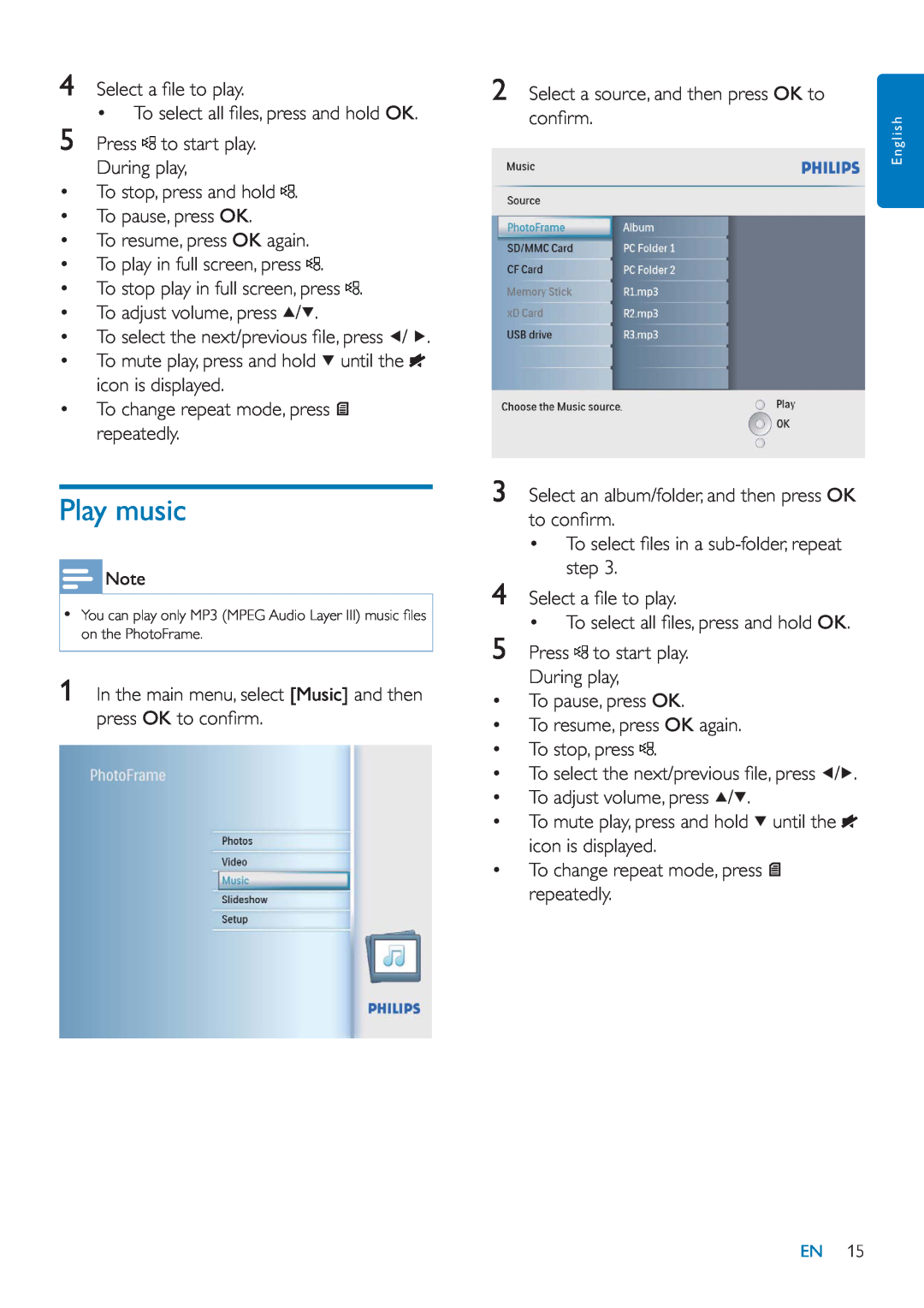Philips SFP2007 user manual Play music 