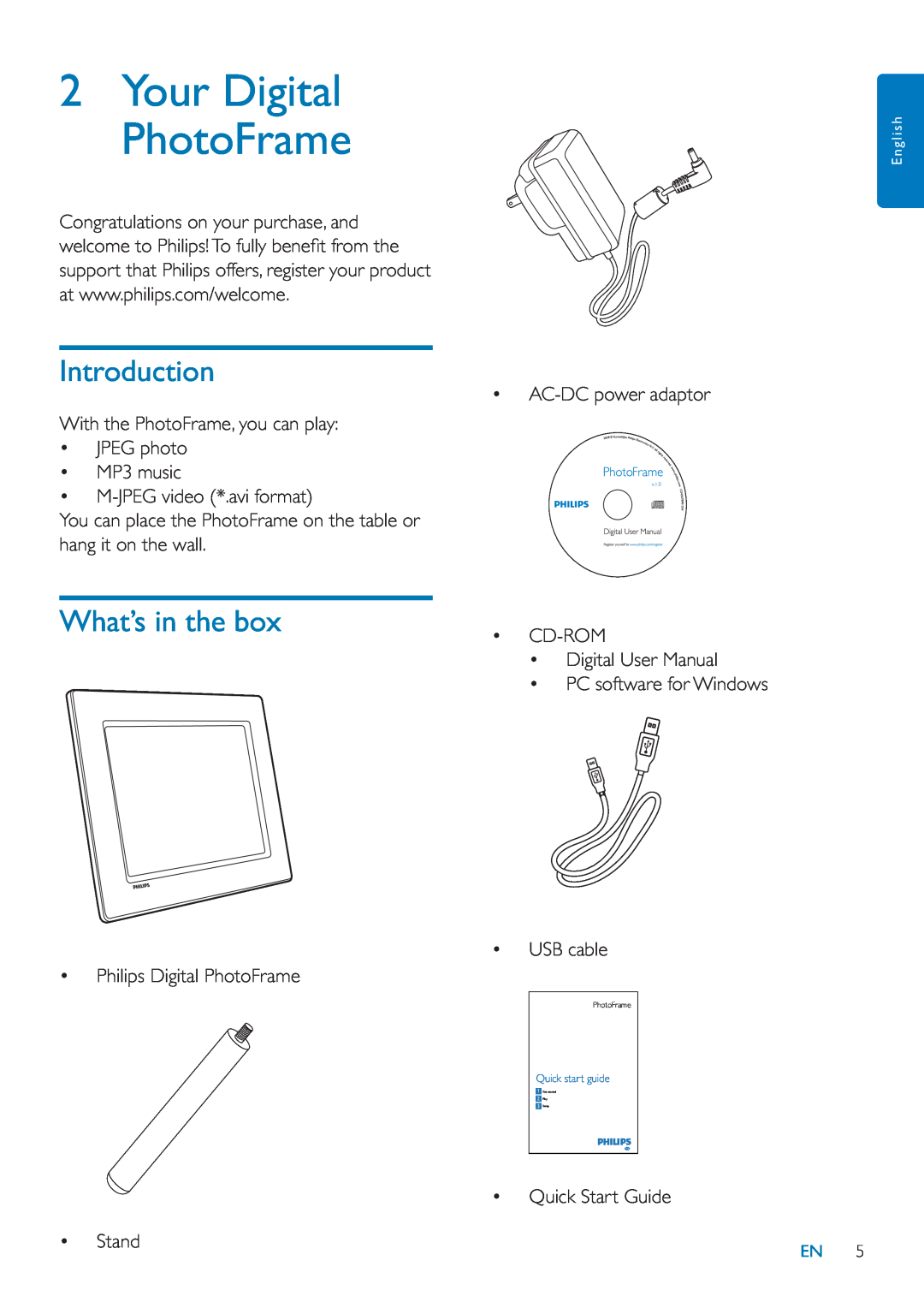 Philips SFP2007 user manual 2Your Digital PhotoFrame, Introduction, What’s in the box 