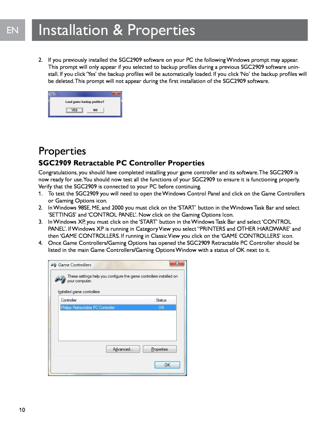 Philips user manual EN Installation & Properties, SGC2909 Retractable PC Controller Properties 